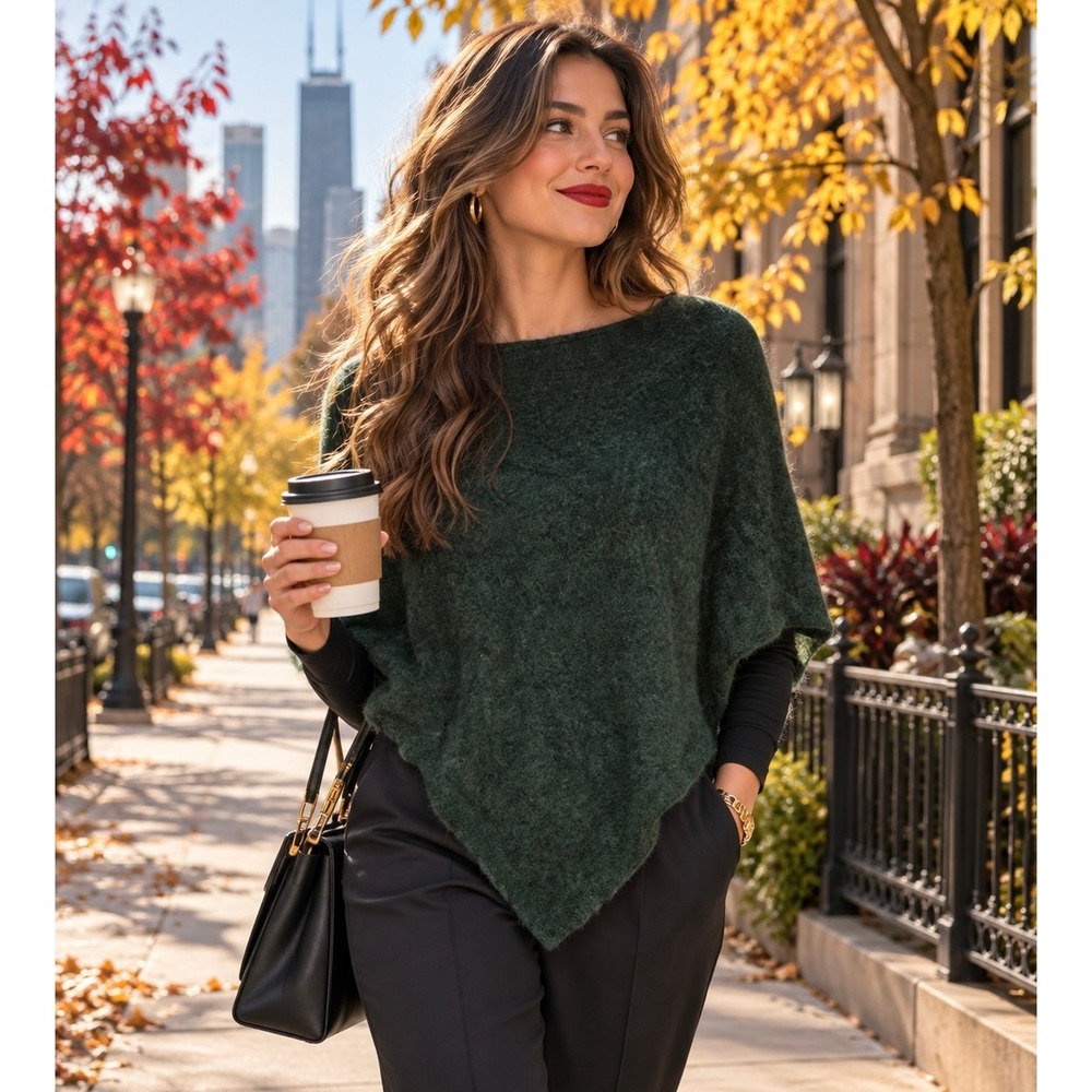 The Cashmere Project Green 100% Cashmere Asymmetrical Poncho Sweater One Size